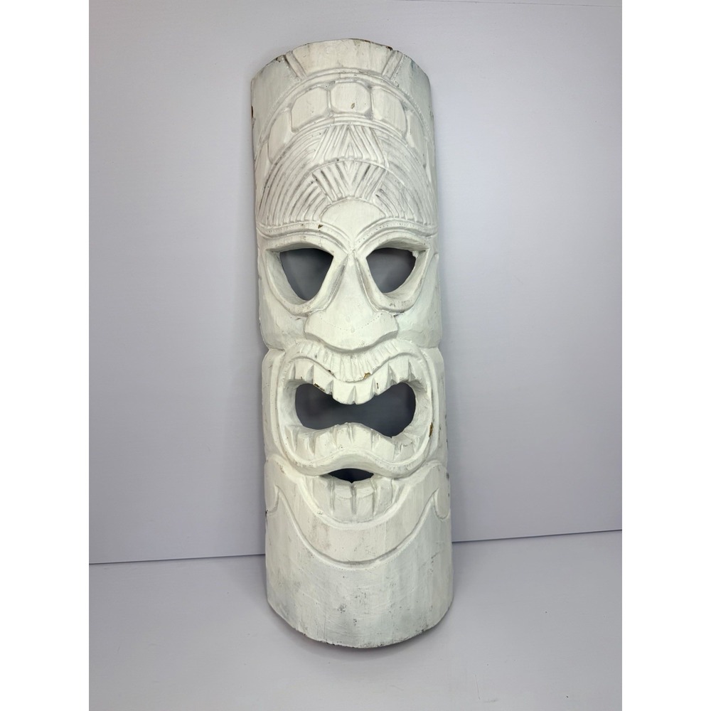 Hand Carved Wooden Tiki Mask Wall Art White Distressed Tropical Island Decor